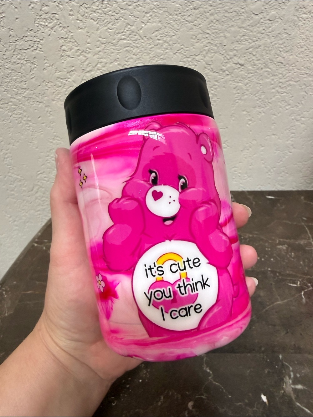 Swear Bear Pink Marble Glitter Standard 12 oz Can Cooler Handmade